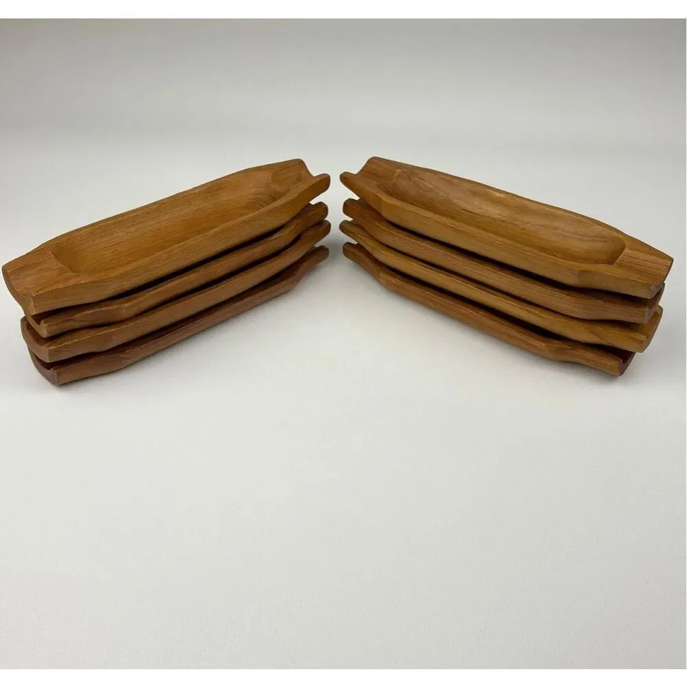 Corn-On-The Cob Hand Carved Teak Wood Trays Holders Set of 8 M2614